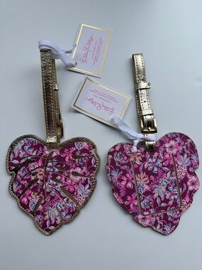 Lilly Pulitzer Pink Floral Leaf Luggage Tags with Gold Straps (Set of 2)